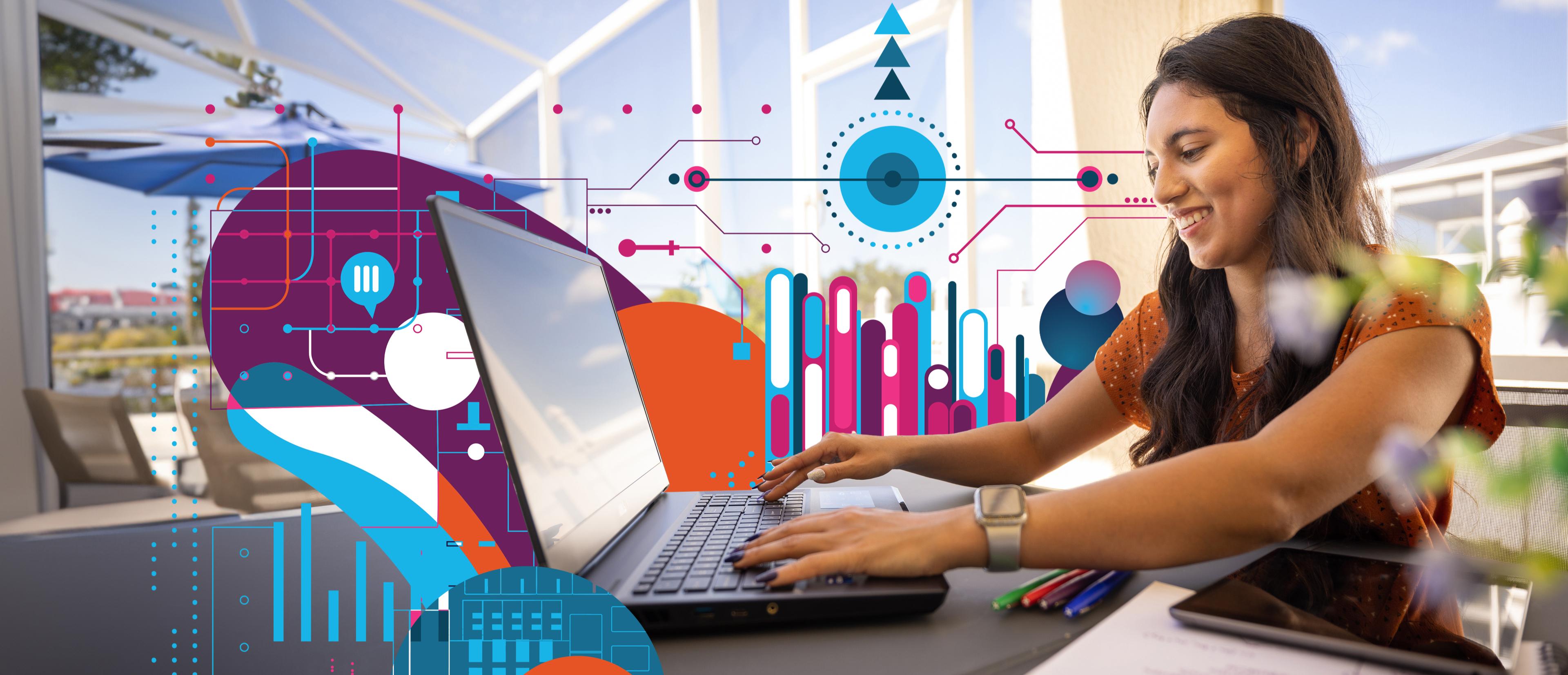 A person engrossed in their work on a laptop against a vibrant backdrop, showcasing a colorful environment.